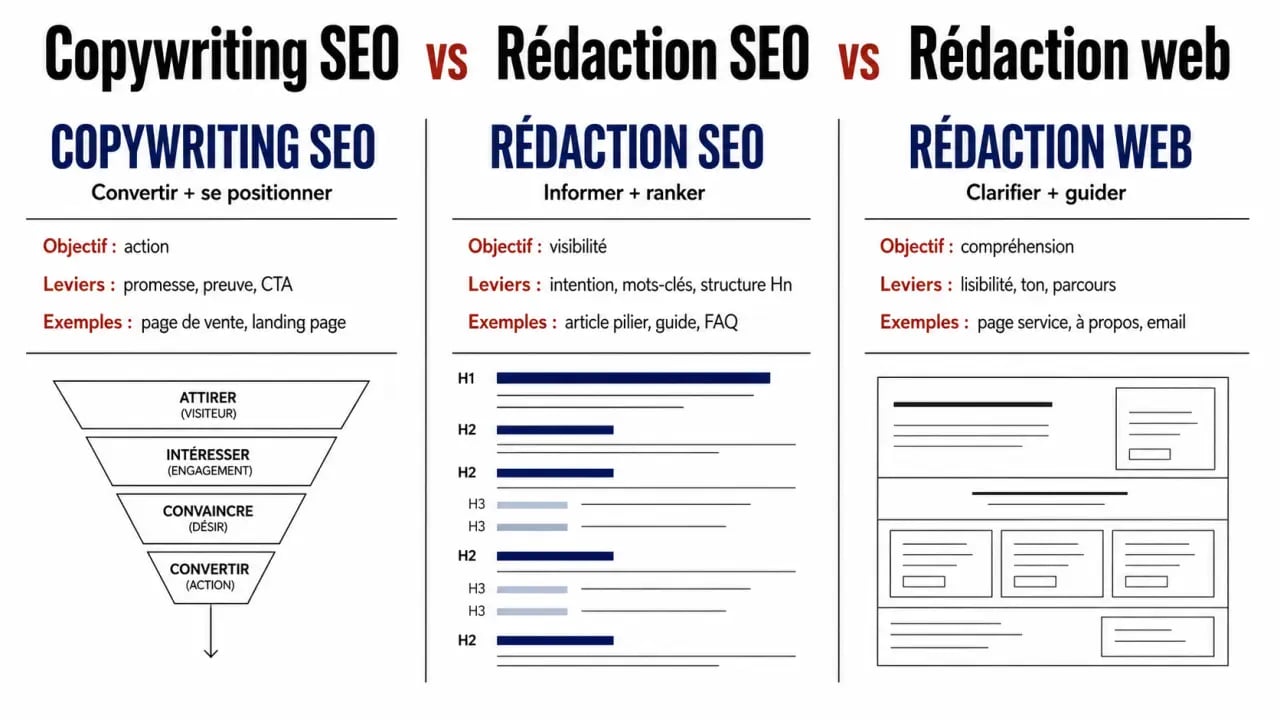 Comparaison copywriting SEO, rédaction SEO et rédaction web