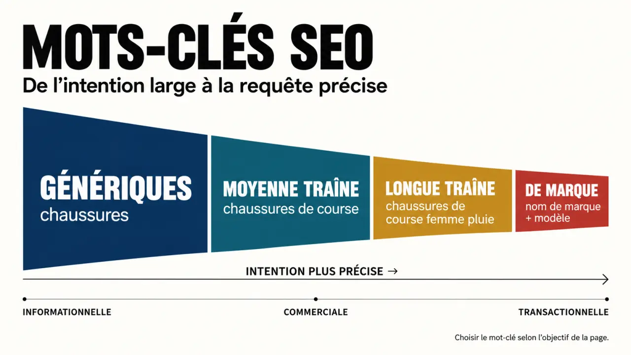 Mots-clés référencement naturel : comparaison visuelle des requêtes génériques, moyenne traîne et longue traîne
