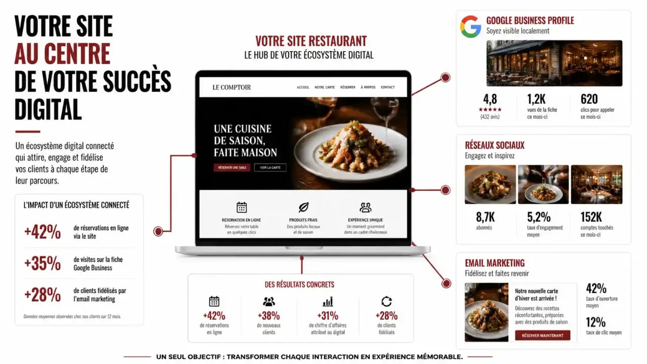 Schéma de l'écosystème digital pour une stratégie digitale restaurant efficace