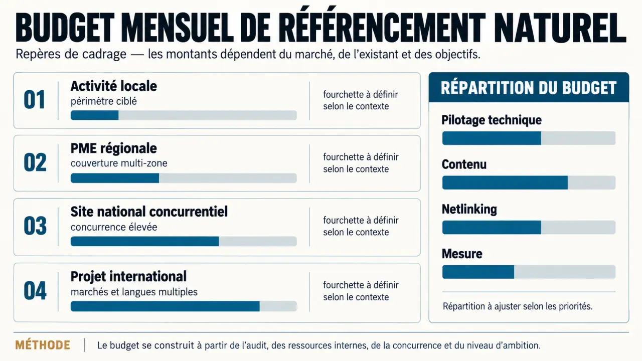 Infographie sur le budget mensuel référencement naturel et la répartition des coûts SEO