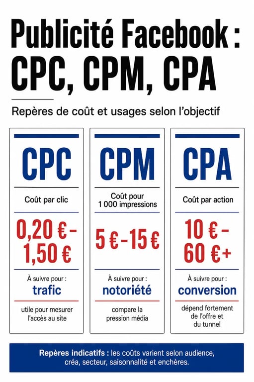 Publicité sur Facebook prix : comparaison visuelle du CPC, du CPM et du CPA
