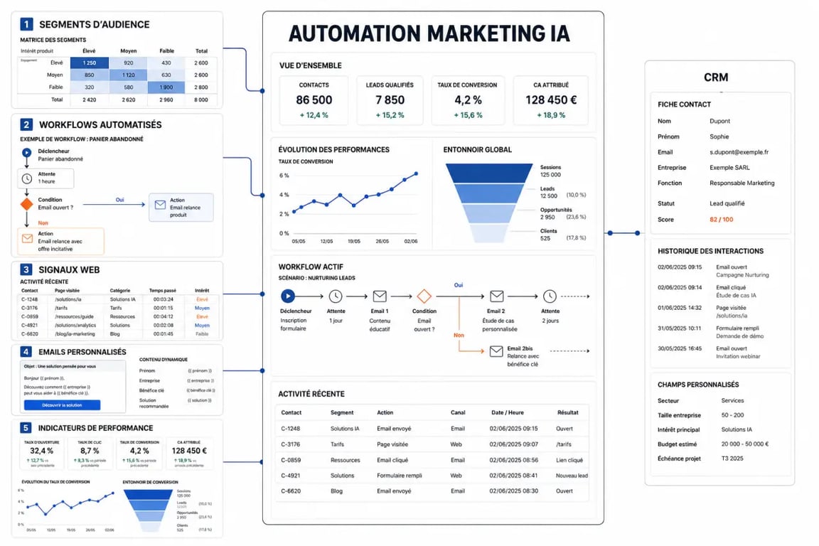 Outils marketing automation ia personnalisée illustrés dans un tableau de bord éditorial