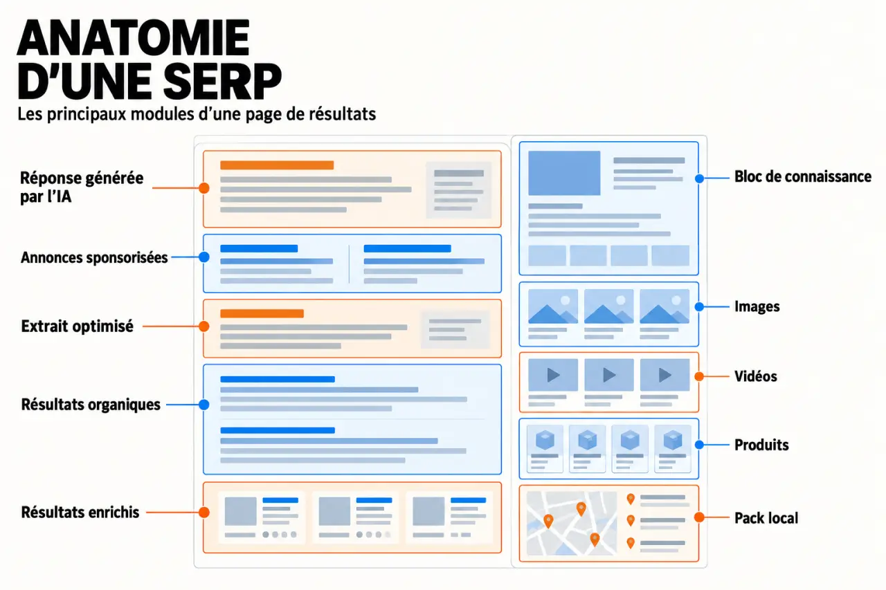 Infographie SERP SEO présentant les principaux blocs d’une page de résultats Google