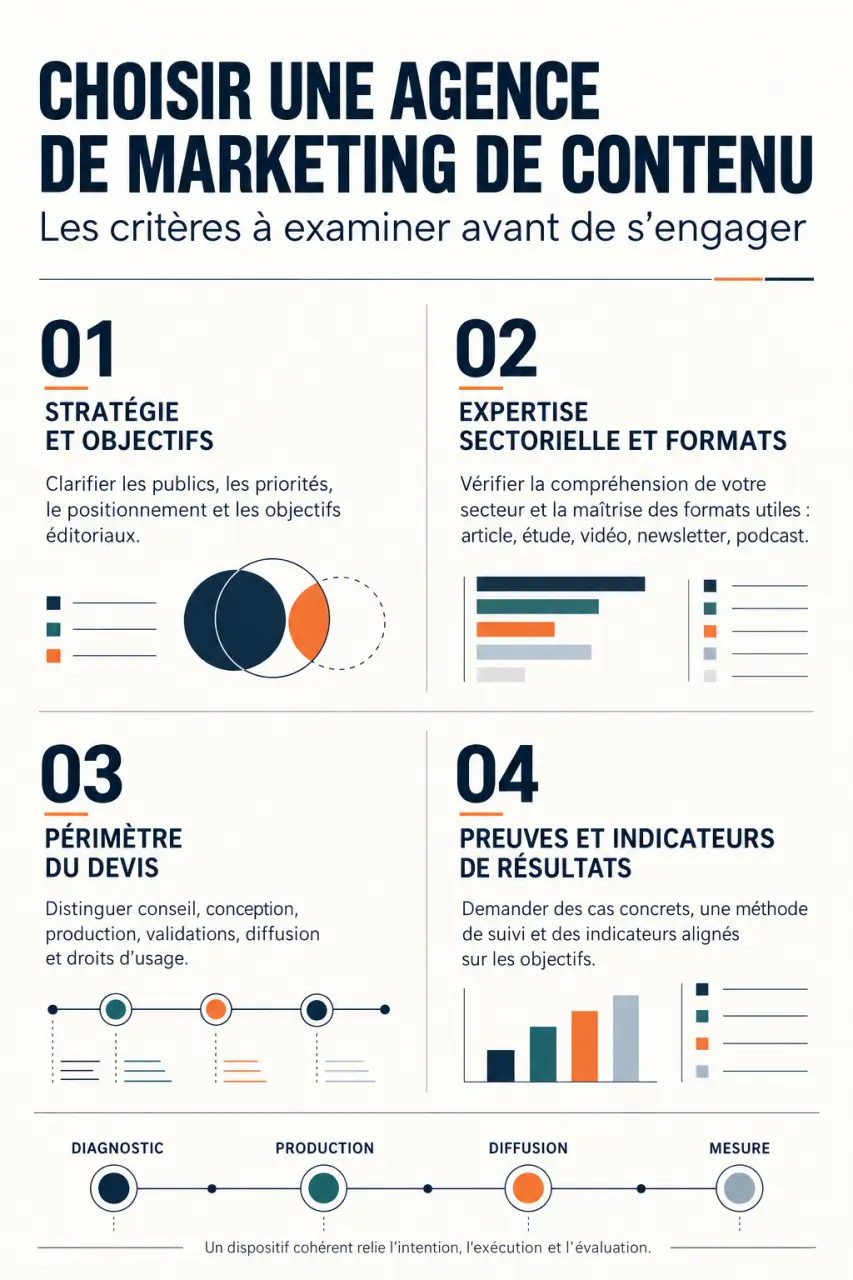 Critères pour choisir une agence marketing de contenu, de la stratégie aux preuves de résultats