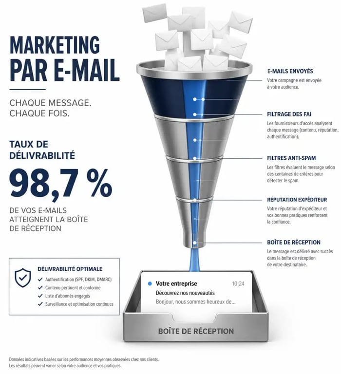 Schéma illustrant la délivrabilité et le succès des campagnes d'email blast marketing
