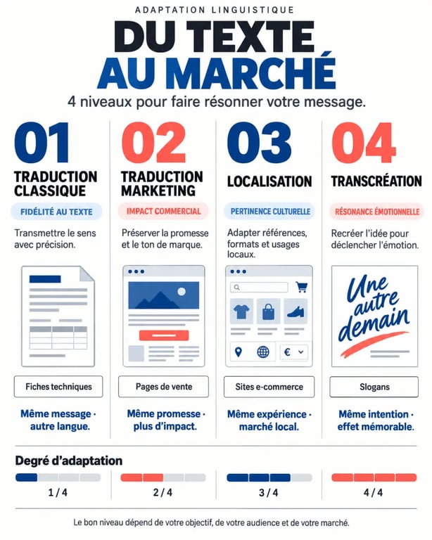 Infographie sur les prestations d’une agence de traduction marketing : traduction, localisation et transcréation