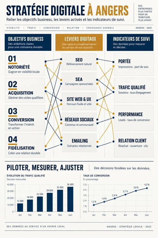 Infographie sur les leviers d’une stratégie digitale à Angers et leurs objectifs marketing