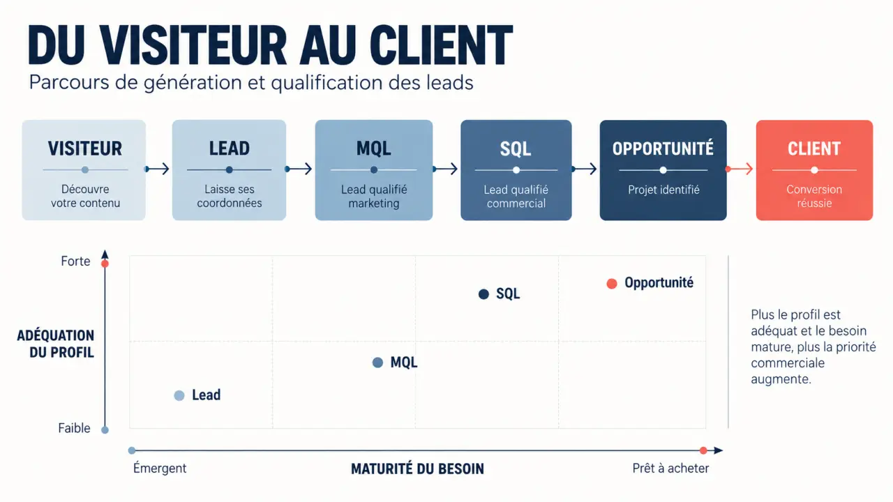 Lead generation description : infographie du parcours visiteur, lead, MQL, SQL, opportunité et client