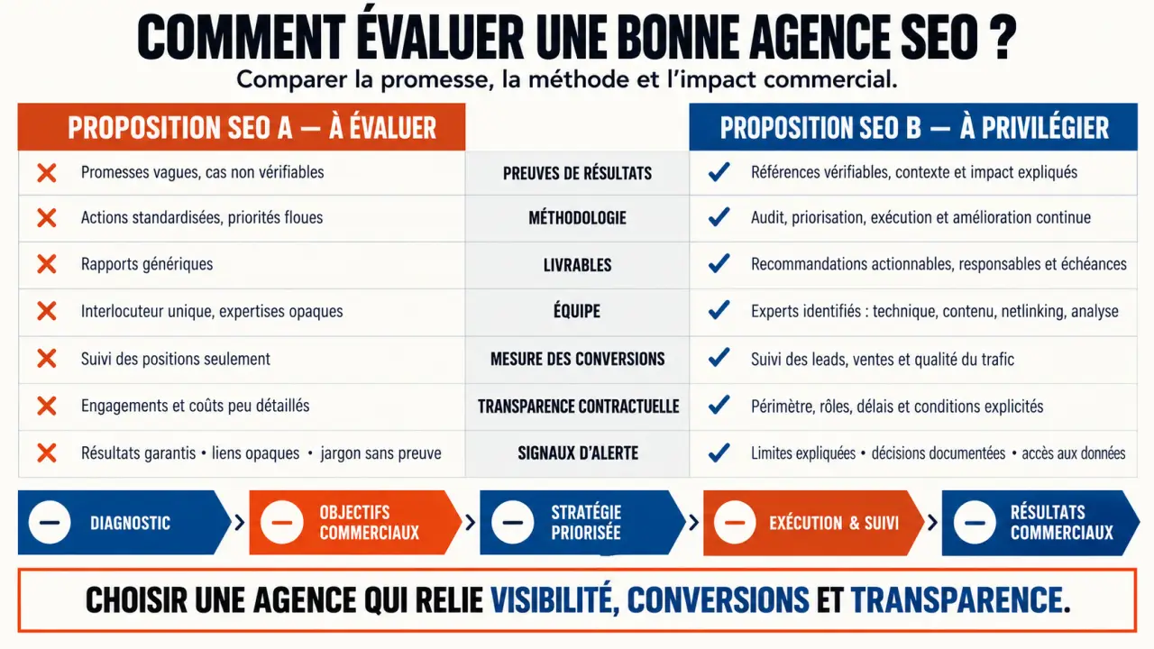 Infographie pour choisir une bonne agence de référencement naturel selon ses preuves, sa méthode et ses résultats