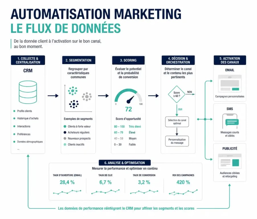 Schéma du fonctionnement d'une agence de marketing automation entre CRM, segmentation et scénarios