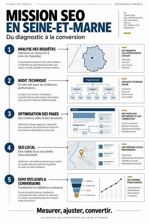 Infographie du référencement naturel d'une agence SEO 77, de l'audit aux conversions