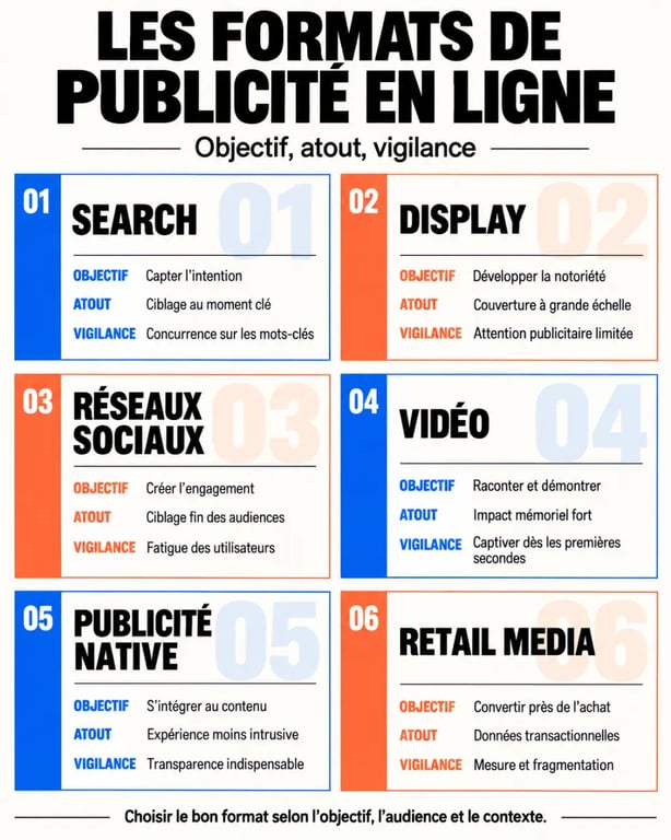 Infographie des principaux formats de publicité en ligne et de leurs objectifs
