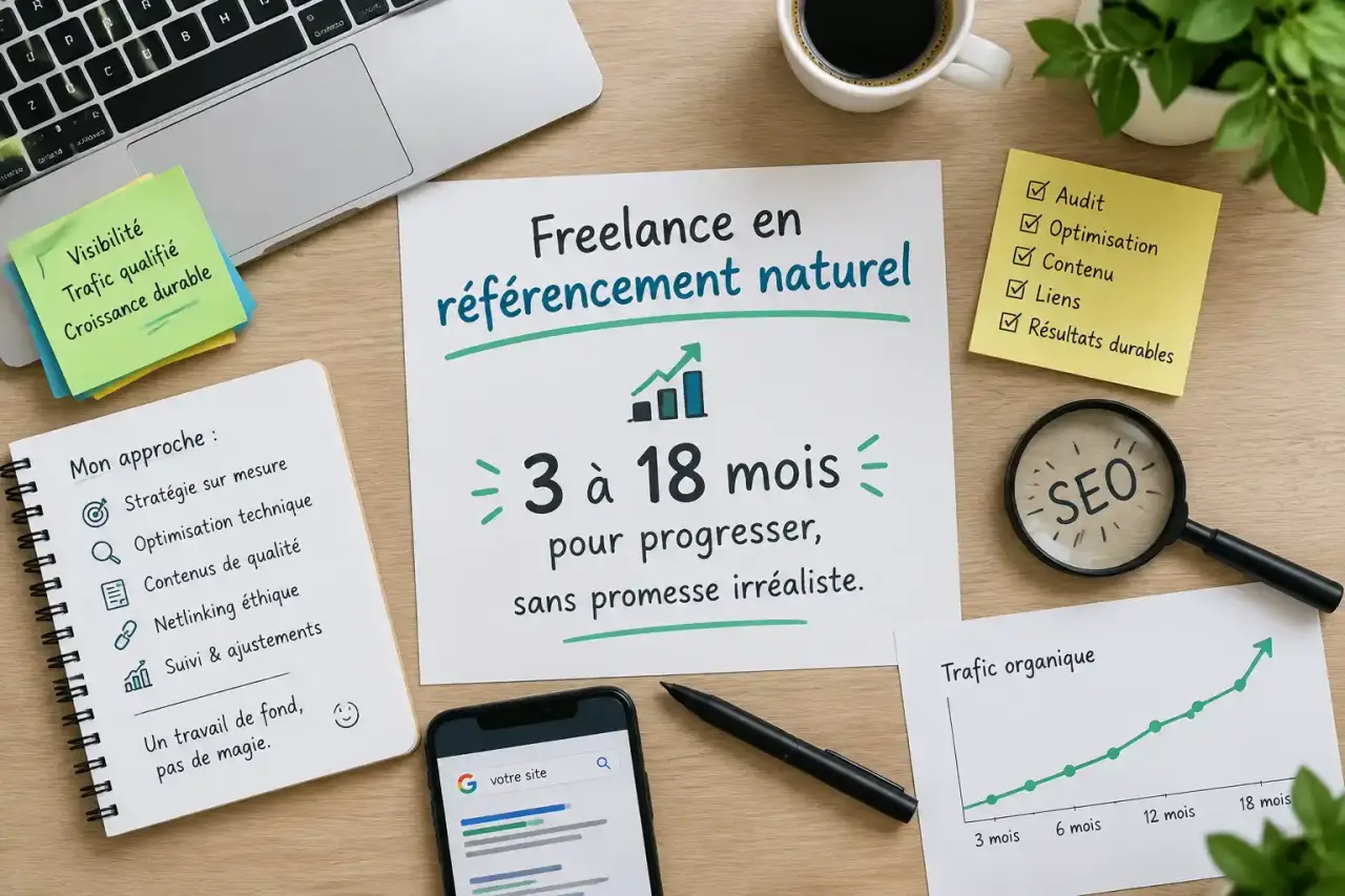 Freelance en référencement naturel : 3 à 18 mois pour progresser, sans promesse irréaliste