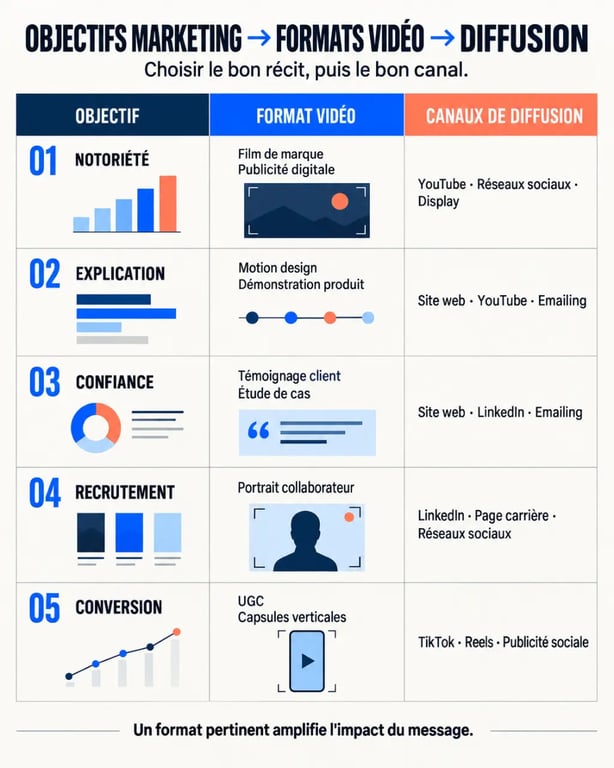 Infographie des formats et objectifs d'une agence marketing video