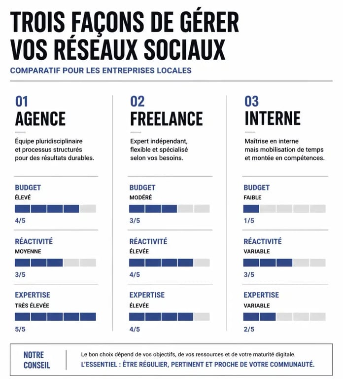 Comparatif gestion des réseaux sociaux arras entre agence, freelance et gestion en interne