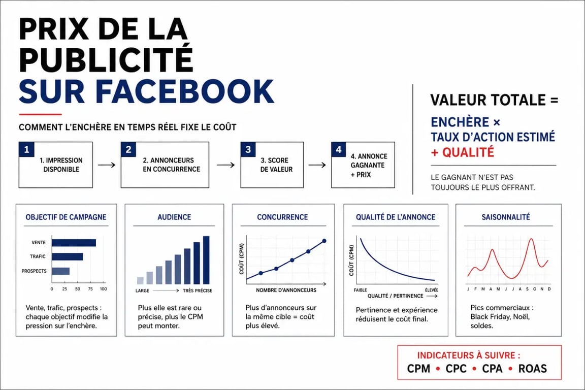 Prix de la publicité sur Facebook : infographie sur les facteurs de coût et le système d’enchères