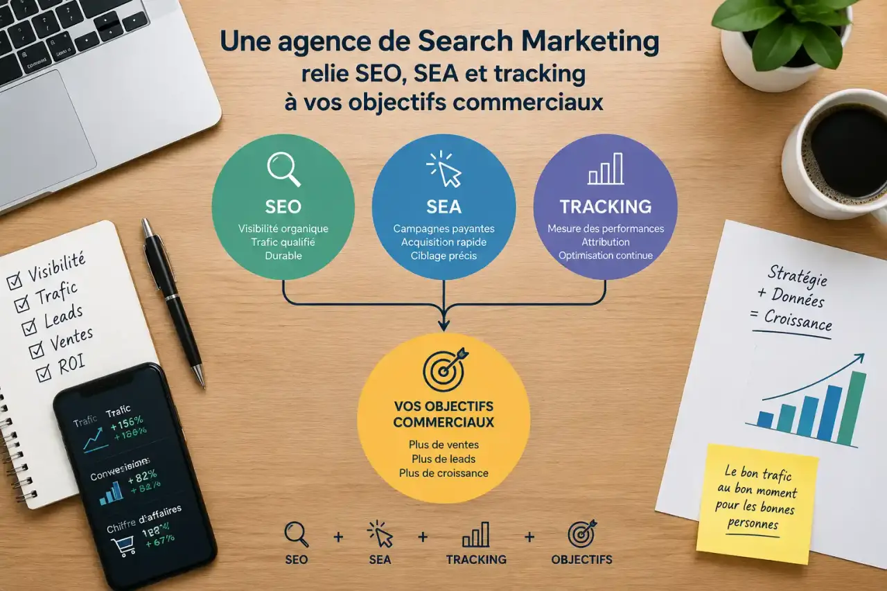 Une agence de Search Marketing relie SEO, SEA et tracking à vos objectifs commerciaux