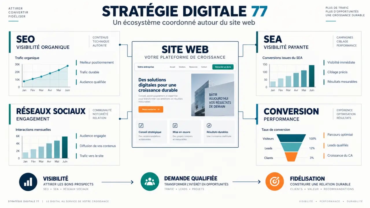 Stratégie digitale 77 : articulation du SEO, du SEA, du site web et des réseaux sociaux