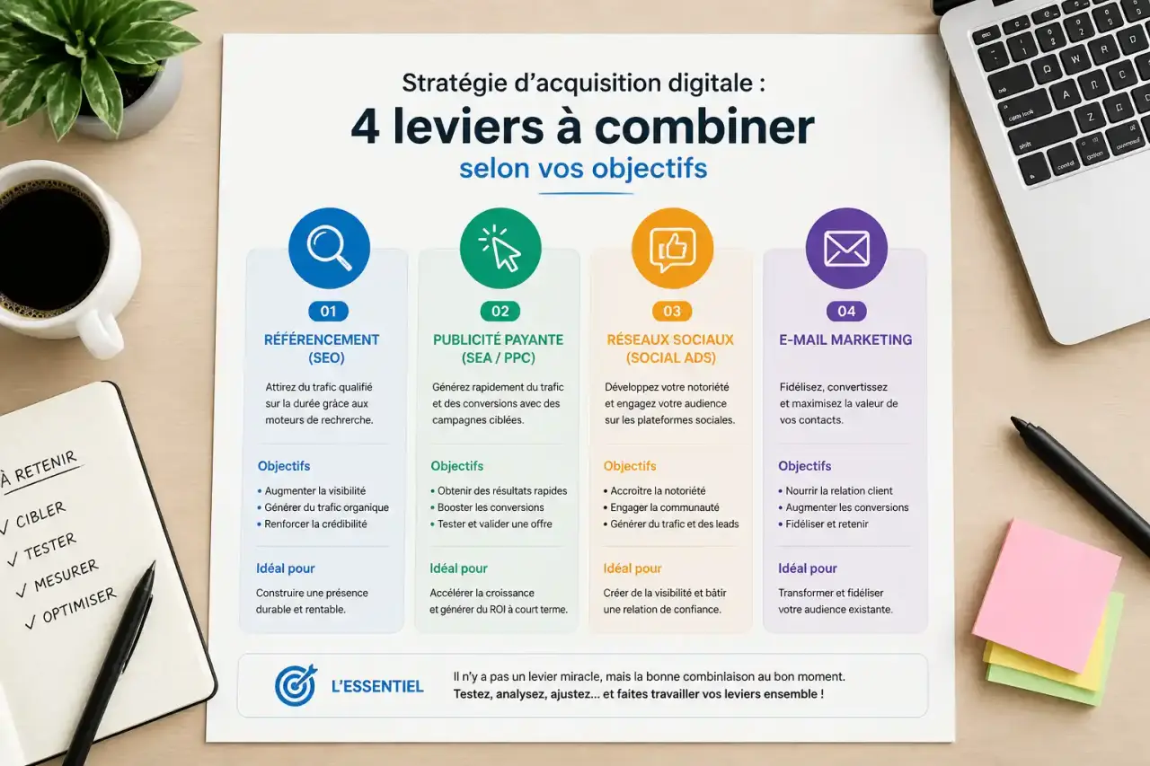Stratégie d'acquisition digitale : 4 leviers à combiner selon vos objectifs