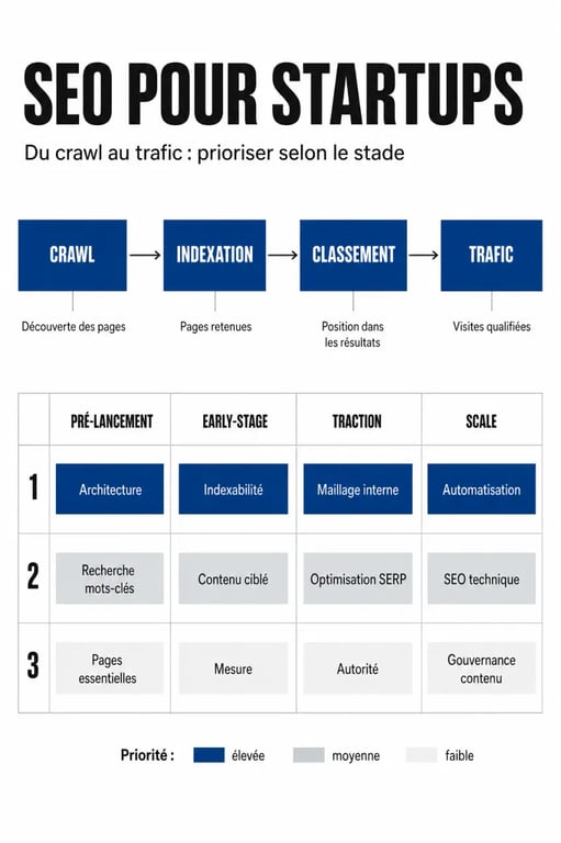 SEO for startups : schéma du cycle crawl, indexation, classement et trafic pour une startup