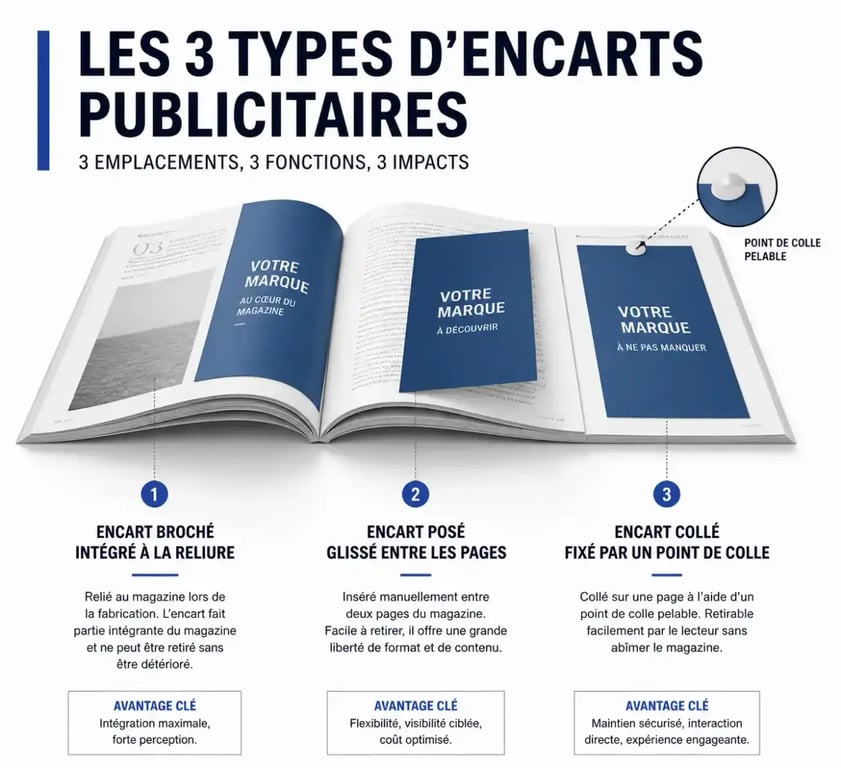 Encarts publicitaires illustrés dans un magazine avec encart broché, posé et collé