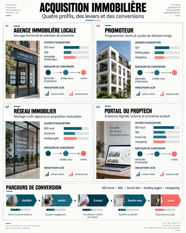 Infographie sur les priorités d’une agence marketing digital immobilier selon le type d’acteur