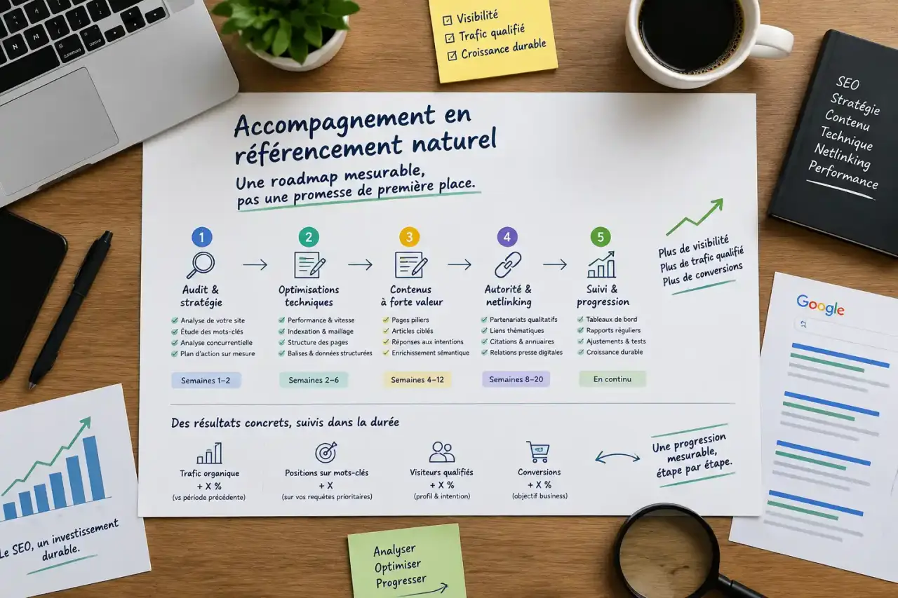 Accompagnement en référencement naturel : une roadmap mesurable, pas une promesse de première place