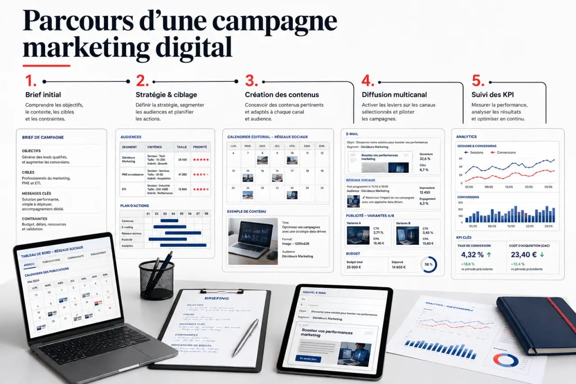 Schéma de campagne marketing digital du brief au suivi des KPI