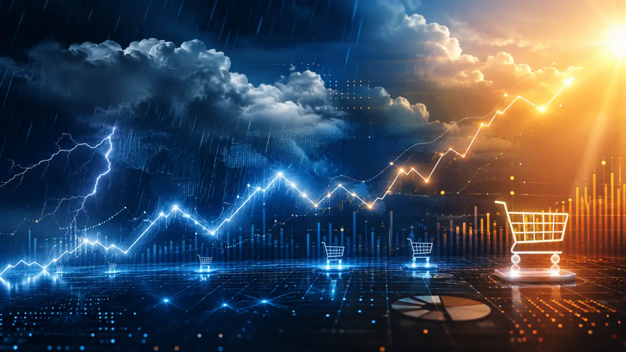 Visualisation abstraite de données reliées par des lignes néon, illustrant l'impact de la météo sur les ventes e-commerce.