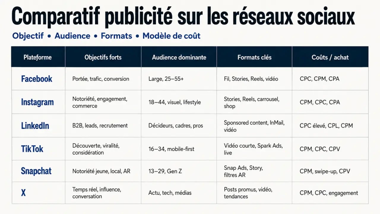 pub réseaux sociaux : comparaison visuelle des plateformes par objectif, audience et formats