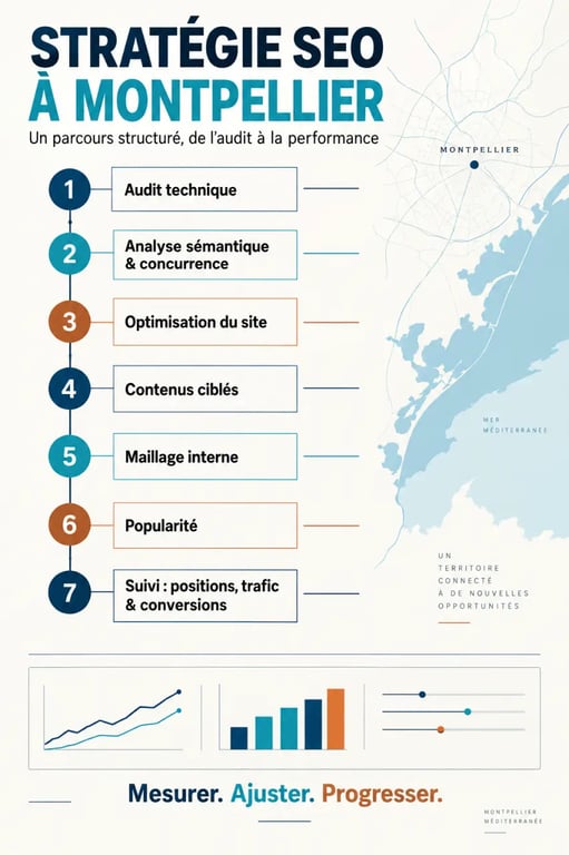 Infographie du référencement naturel à Montpellier, de l’audit SEO au suivi des conversions
