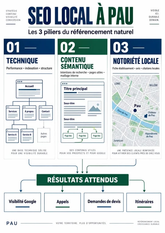 Infographie sur le référencement naturel à Pau et ses trois piliers SEO
