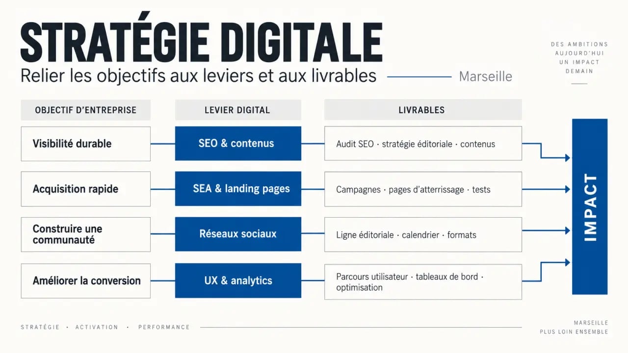 Leviers et livrables d’une agence de stratégie digitale à Marseille selon les objectifs d’entreprise