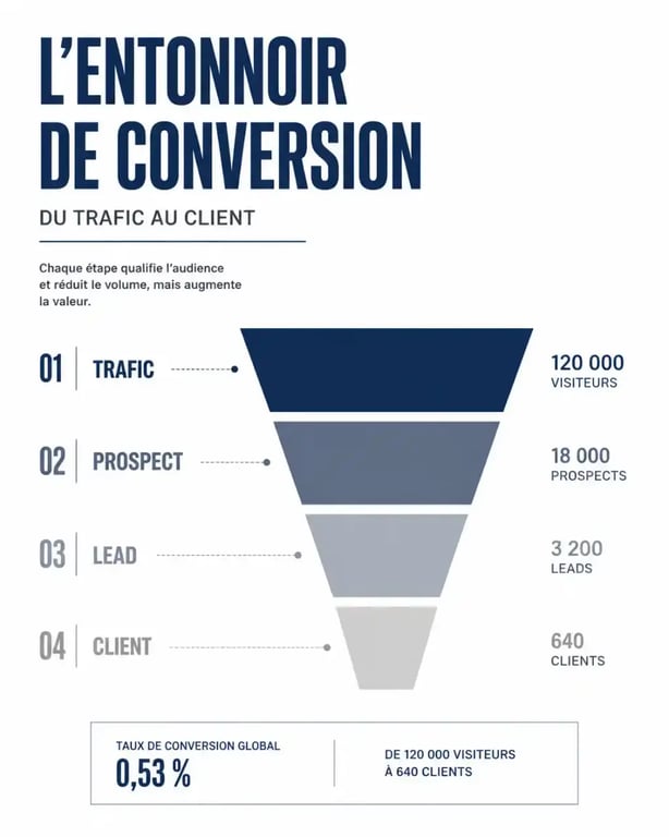 Schéma du tunnel de conversion d'une stratégie d'acquisition digitale, du trafic au client
