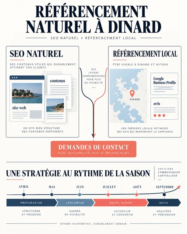 Infographie sur le référencement naturel à Dinard, le SEO local et la saisonnalité d’avril à septembre
