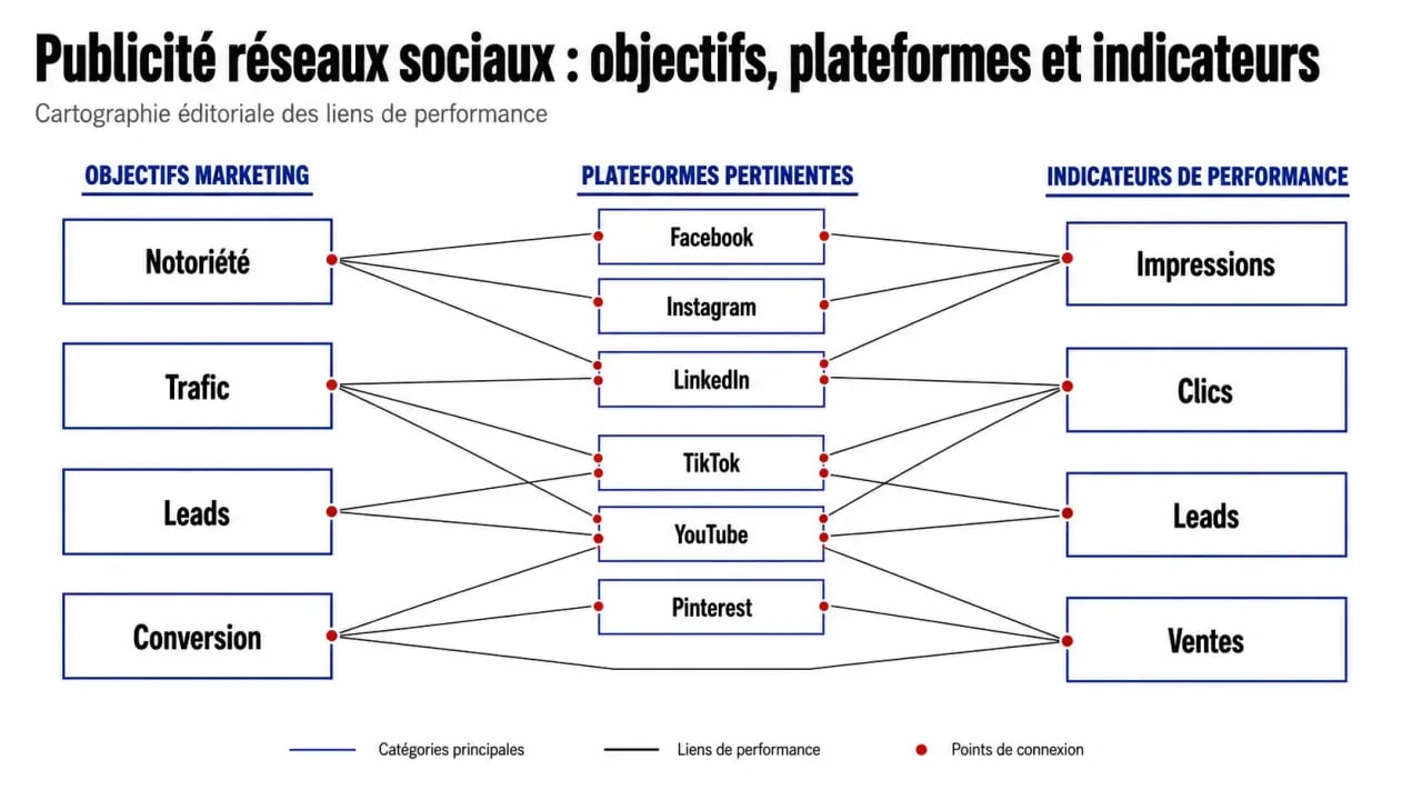 Publicité réseaux sociaux : schéma comparatif des plateformes, objectifs et KPI clés