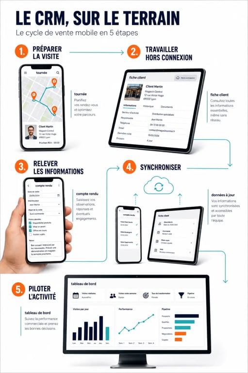 CRM force de vente mobile : préparation des visites, relevés terrain et synchronisation des données