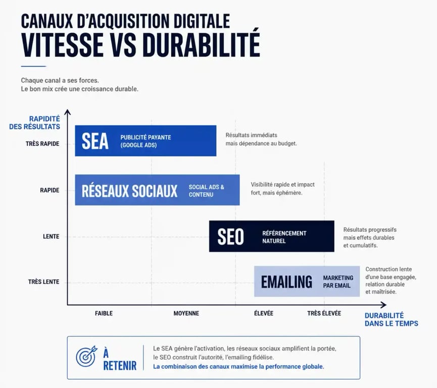 Comparatif des leviers d'une stratégie d'acquisition digitale selon rapidité et durabilité